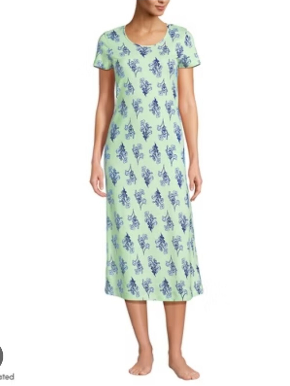 Lands' End Cotton Mint Green Blue Floral Short-Sleeve Midcalf Nightgown XL.